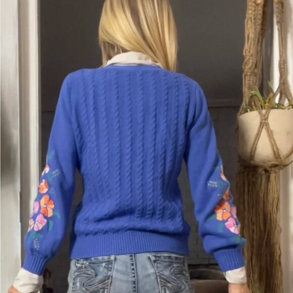 Talbots Blue Cable Knit Floral Embroidered Button Front Cardigan Size XS Relaxed - Picture 4 of 14